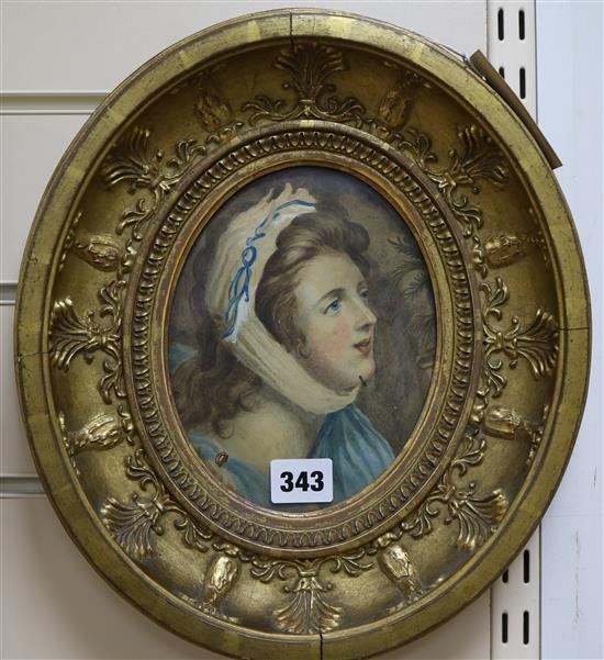 Early 19th century English School, watercolour, portrait of a lady, in an ornate gilt frame, 17 x 13cm